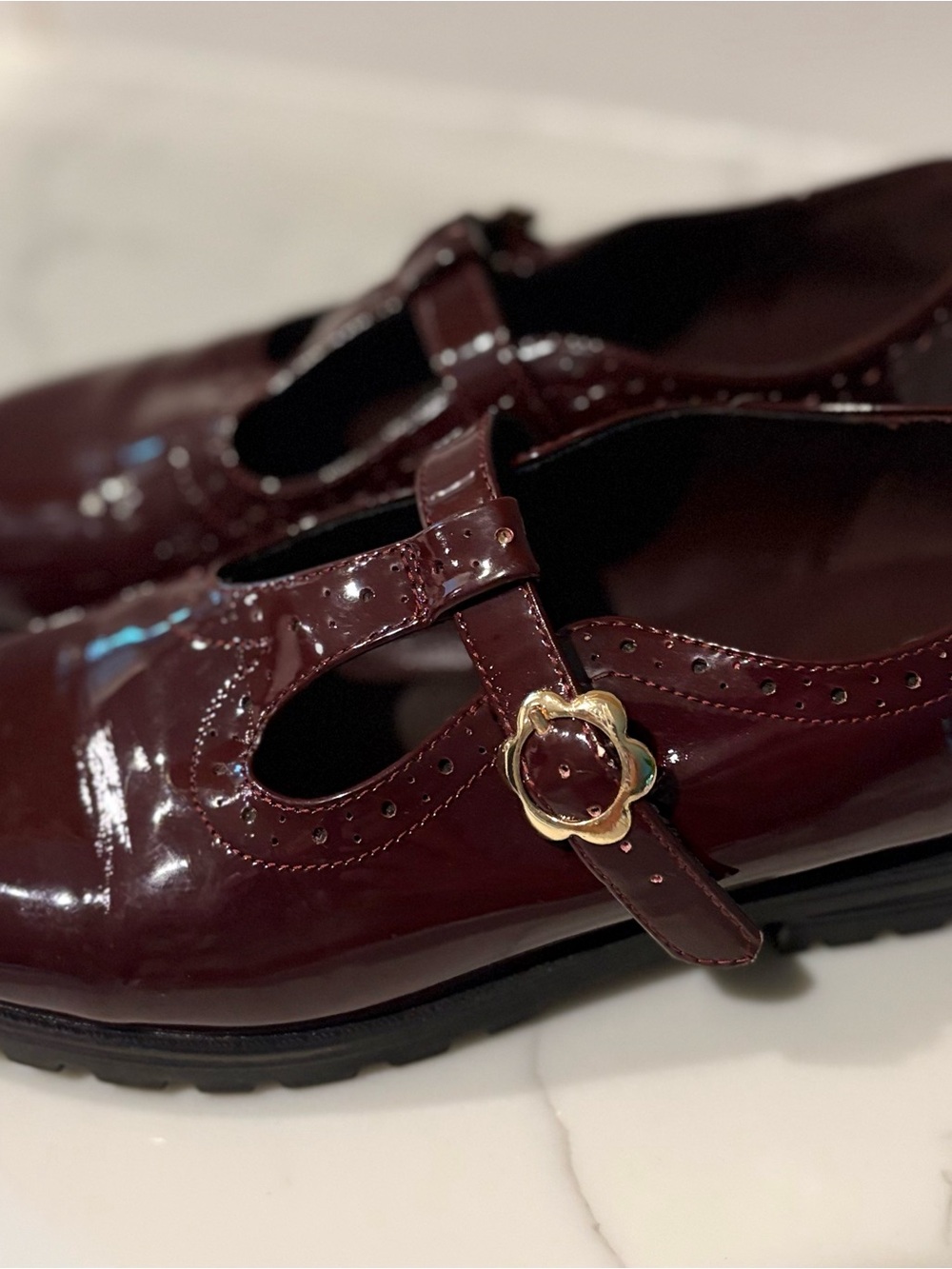 Patent Mary Jane Flats in Burgundy with Gold Buckle